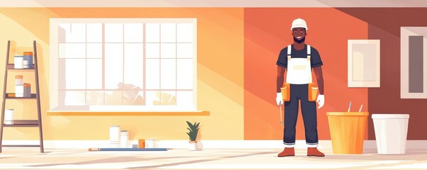 Smiling male painter in sunlit room with paint supplies and ladder preparing for renovation