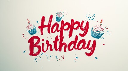 Celebration of a Joyful Birthday With Colorful Lettering and Festive Cupcake Illustrations on a Light Background