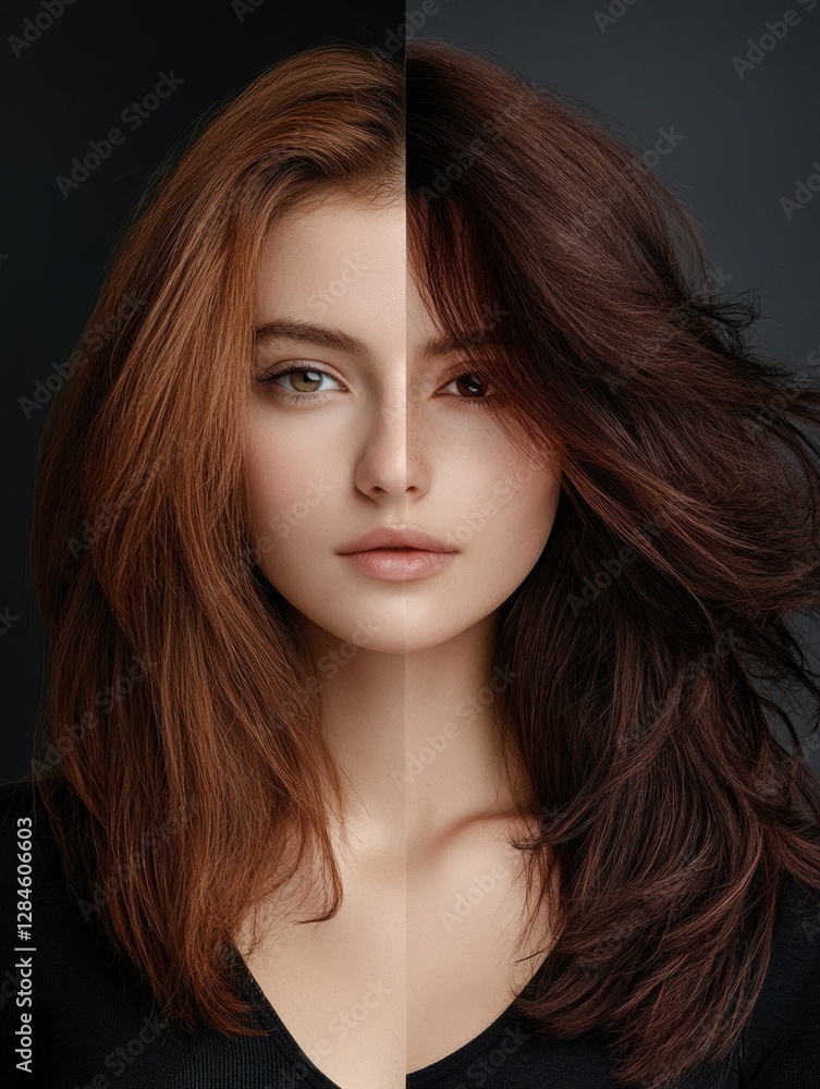 Aufkleber transformation of hairstyle showcasing dull and stylish looks on a single person in a studio setting