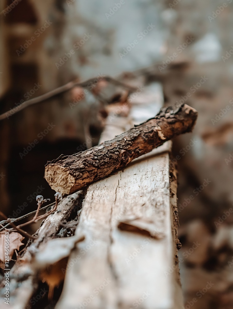 Poster Closeup of a textured wooden log resting on a rustic wooden surface in a calm interior : Generative AI