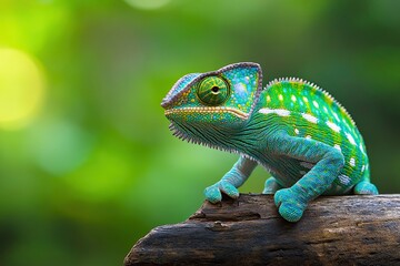 Obraz premium An awesome chameleon sits gracefully on a twig draped in moss in Madagascar