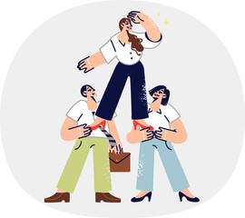 Woman leader looks around in search of new opportunities, with support of two colleagues. Teamwork of office employees thanks to trust in leader who has proven own professionalism.