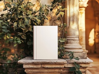 Blank book mockup in a serene Mediterranean setting with ancient stone walls and lush greenery, evoking a peaceful literary atmosphere and timeless beauty