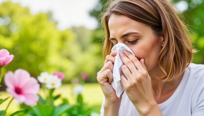 Woman pinching nose with tissue in garden, springtime allergies