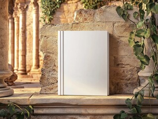 Blank book mockup amidst ancient stone walls and lush greenery, capturing the serene ambiance of a Mediterranean-inspired setting