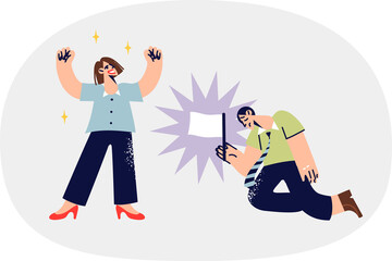 Woman triumph over losing business competitor who raises white flag, accepting defeat. Businesswoman celebrates victory over colleague, raising hands up and enjoying moment of triumph and glory.