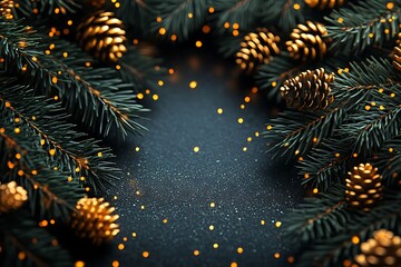 Elegant Christmas frame with gold pine cones and greenery on dark background.