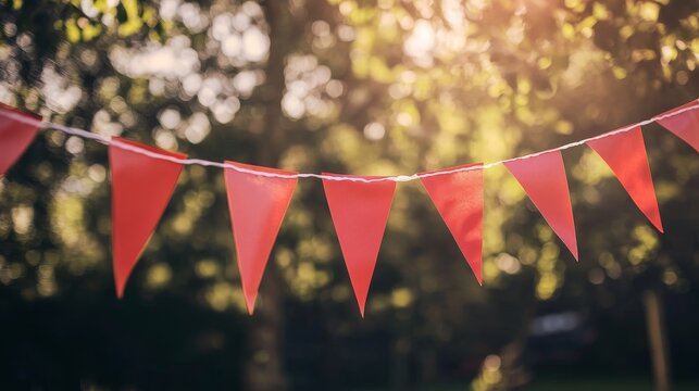 Colorful Red Bunting Sways Gently in a Sunlit Garden During a Festive Afternoon Gathering