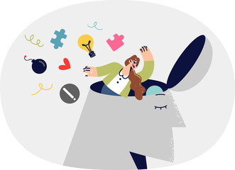 Woman is engaged in information detox, clearing head of unnecessary knowledge to improve mental health. Information detox for girl who wants to eliminate brain clutter and be able to think creatively