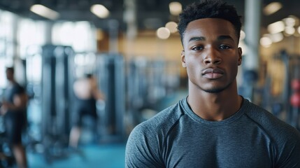 Naklejka premium A young Black male fitness trainer stands confidently in a modern gym, embodying strength and determination while providing motivation to others in the background.