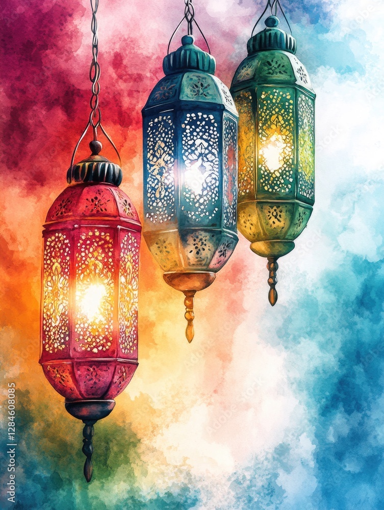 Poster lanterns, hanging from hooks and floating against a background of a colorful sky.