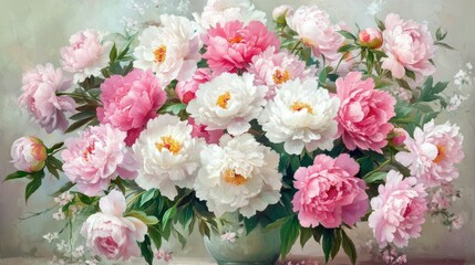 Vibrant pink and white peonies in full bloom with lush green leaves