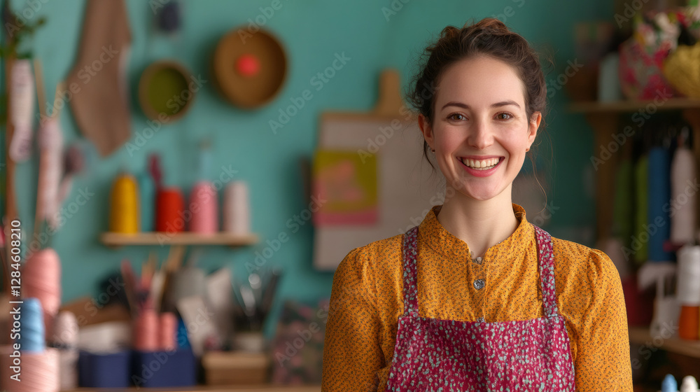 Poster cheerful seamstress working in bright workshop, surrounded by colorful thread spools and crafting ma