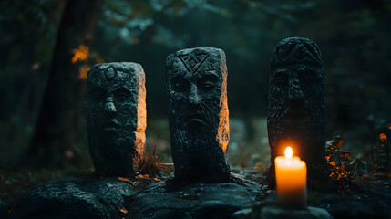 Old ritual stone idols displayed in a dark setting, representing ancient Slavic pagan traditions