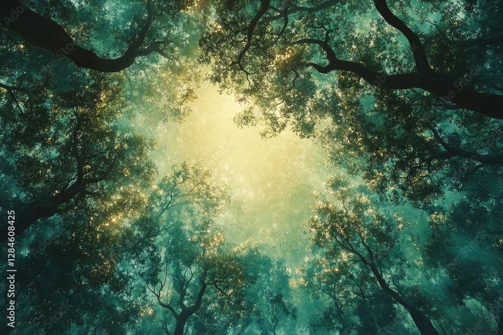 Poster a mystical forest canopy, sunlight filtering through leaves, creating an ethereal and enchanting atm