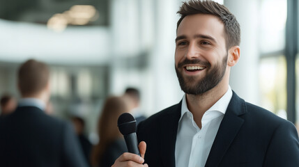 Conference attendee interviewing speaker for podcast or blog