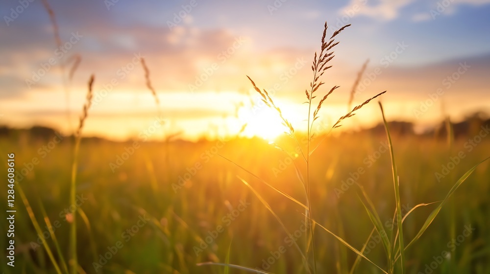 Poster serene sunset illuminating tall grass and golden fields under a warm evening sky : generative ai