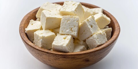 A bowl of cubed tofu cheese alternative, often used in vegan recipes as a substitute for dairy-based cheese.