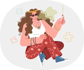 Pacifist woman smokes cannabis, enjoying life and participating in hippie subculture. Young pacifist girl holds cigarette with hashish seeds to achieve nirvana and get rid of bad thoughts.