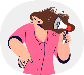 Frightened woman hears notification from megaphone, feels embarrassed because of spam or intrusive advertising. Shocked girl holding megaphone, panicking after bad news announcement