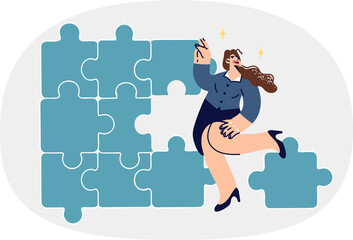 Business woman builds solid corporate structure from puzzle pieces, demonstrating excellent management skills. Lady in office clothes is creating business to achieve financial well-being