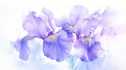 Captivating irises in delicate purple and soft blue hues captured in a graceful watercolor portrayal