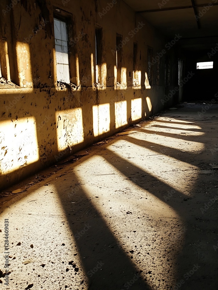 Fototapete intriguing shadows cast on an abandoned room's floor through sunlit windows creating a dramatic effe