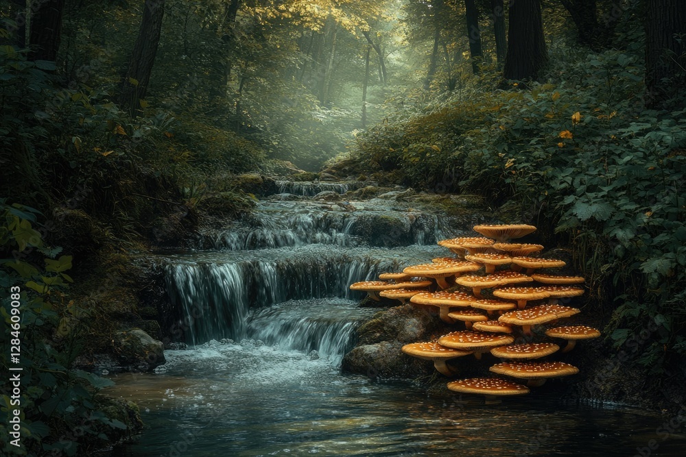 Poster enchanted forest stream cascading over rocks with cluster of mushrooms near by.