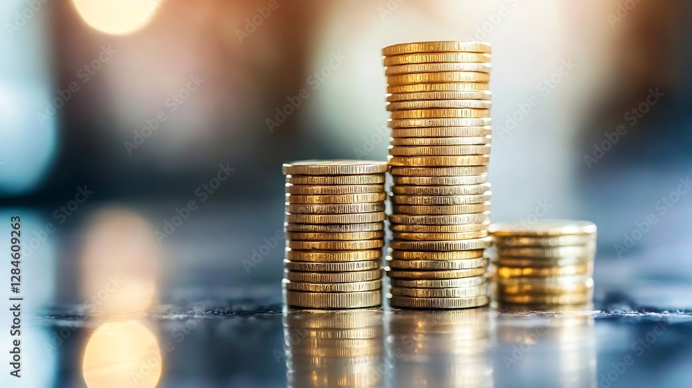 Leinwandbilder stacks of gold coins in varying heights with a soft blurred background : generative ai