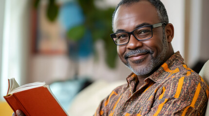 Portrait of a happy african american mature man holding and reading a book while relaxing on sofa at home