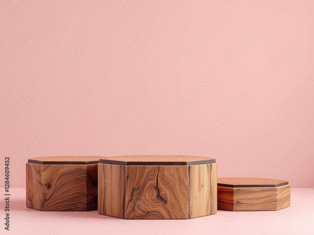 Poster a minimalist 3d rendering of three hexagonal wooden podiums arranged on a neutral background the pod