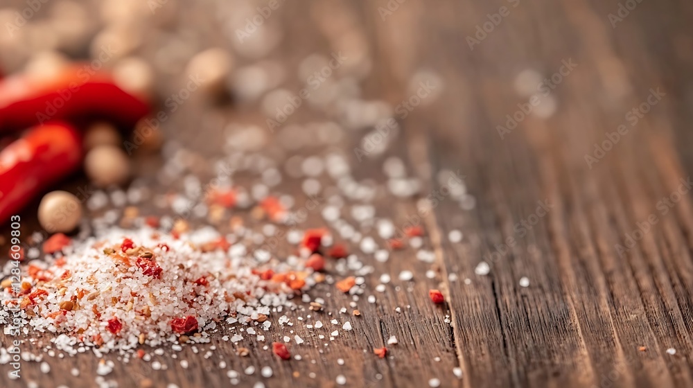 Poster a closeup view of various spices including salt and chili flakes on a wooden surface : generative ai