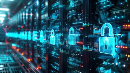 Futuristic Server Room with Holographic Security for Digital Data Protection and Cybersecurity