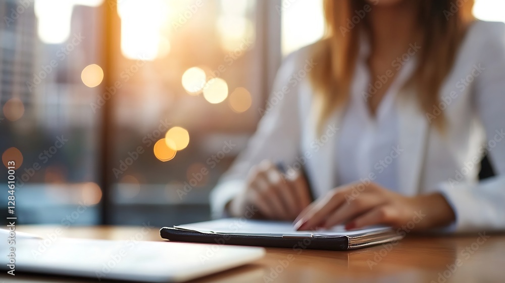 Poster businesswoman working on important documents with a notebook and tablet in a cozy office during suns