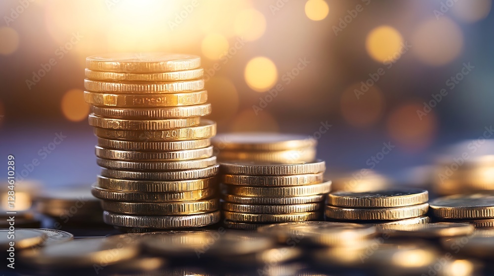Aufkleber Stacks of shiny coins illuminated by vibrant bokeh lights creating a sense of wealth and prosperity : Generative AI