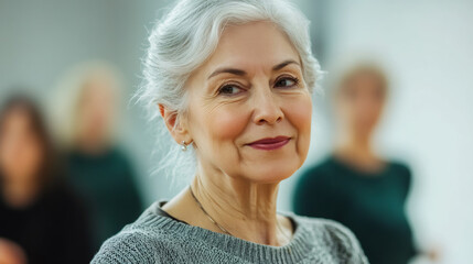 Confident senior businesswoman smiling warmly, professional colleagues working in blurred office background