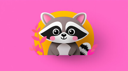 Cute Baby Raccoon Sticker Illustration with Pink and Yellow Background