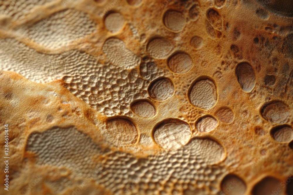 Poster close-up of a textured surface with a pattern of circles and scales, resembling an organic or geolog