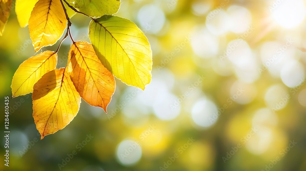 Aufkleber closeup of autumn leaves glowing in soft sunlight with a blurred background : generative ai