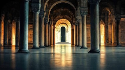Fototapeta premium Ancient Hallway with Columns and Sunlight