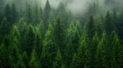 Lush Green Forest Full of Tall Conifer Trees Surrounded by Mist : Generative AI