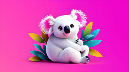 Cute White Koala Sticker Design with Vibrant Pink Background
