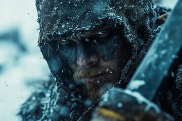 Warrior in snowy landscape prepares for battle with sword in hand and fierce expression
