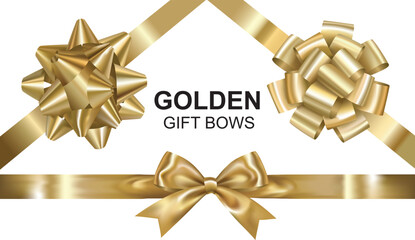 Golden gift bows set or top view yellow ribbon isolated on white background, Decorative realistic design, Vector illustration.