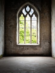 Fototapeta premium Abandoned room featuring an ornate gothic window that frames lush green trees outside : Generative AI