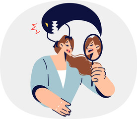 Woman with low self-esteem looks in mirror and sees evil reflection, standing with ghost above head. Concept problems with self-esteem or personality destruction associated with prolonged depression