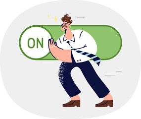 Business man presses switch to launch new advertising campaign to attract customers for corporation. Young marketer guy is working on product promotion using switch to control settings