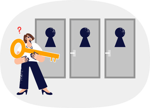 Woman makes choice, making difficult decision on path to success, stands with large key near three doors. Girl solves problem from Monty Hall paradox, trying to make right decision to win.