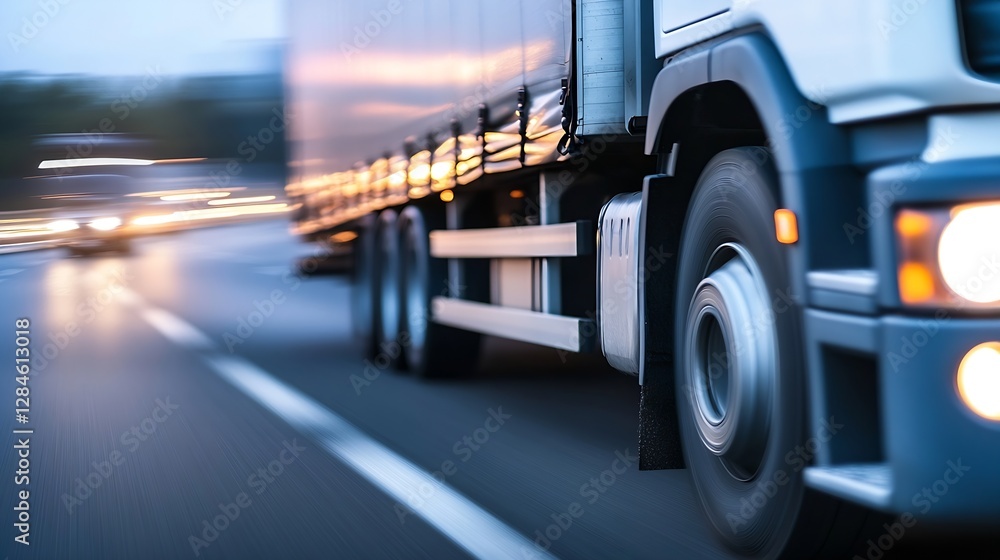 Poster dynamic motion of a commercial truck speeding down a blurred highway at twilight : generative ai