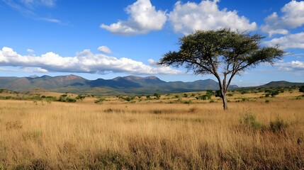 Obraz premium Expansive view of a lush landscape featuring a solitary tree set against a backdrop of mountains and blue skies : Generative AI